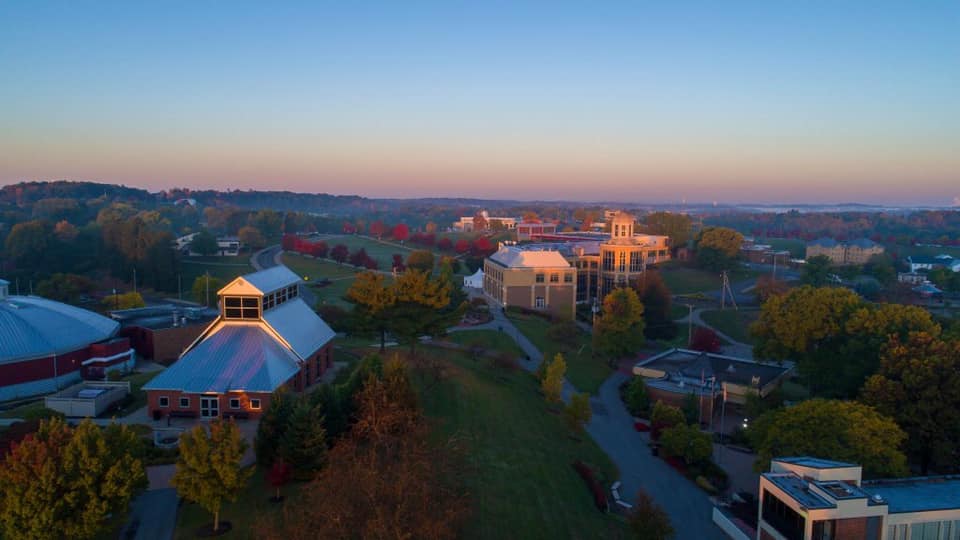 The campus of Robert Morris University at sunset
